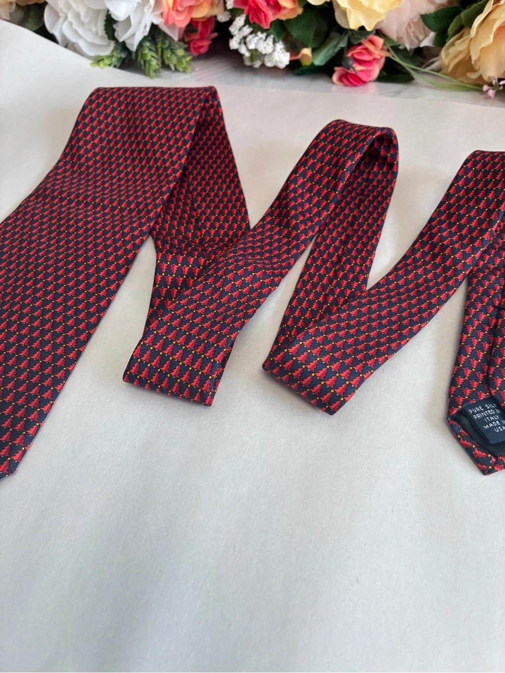 Brooks Brothers Makers Silk Tie Navy Red Christmas Tree Made USA Printed Italy